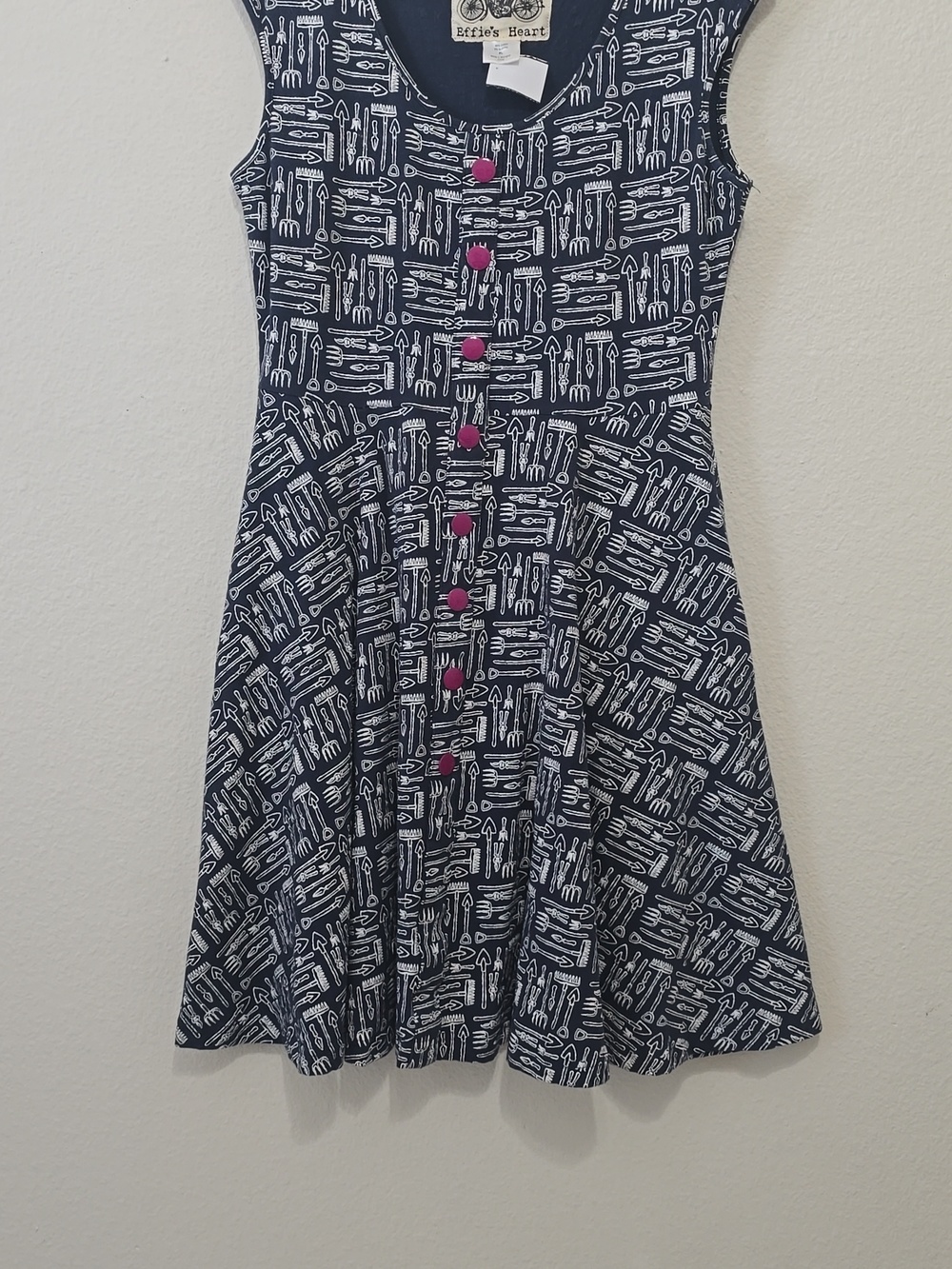 Effie's Heart Navy Dress with White Print and Fuchsia Buttons